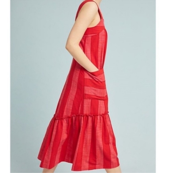 Maeve Anthropologie Red Tonal Stripe Tiered Midi Dress S Cotton Blend NEW! - Picture 3 of 9